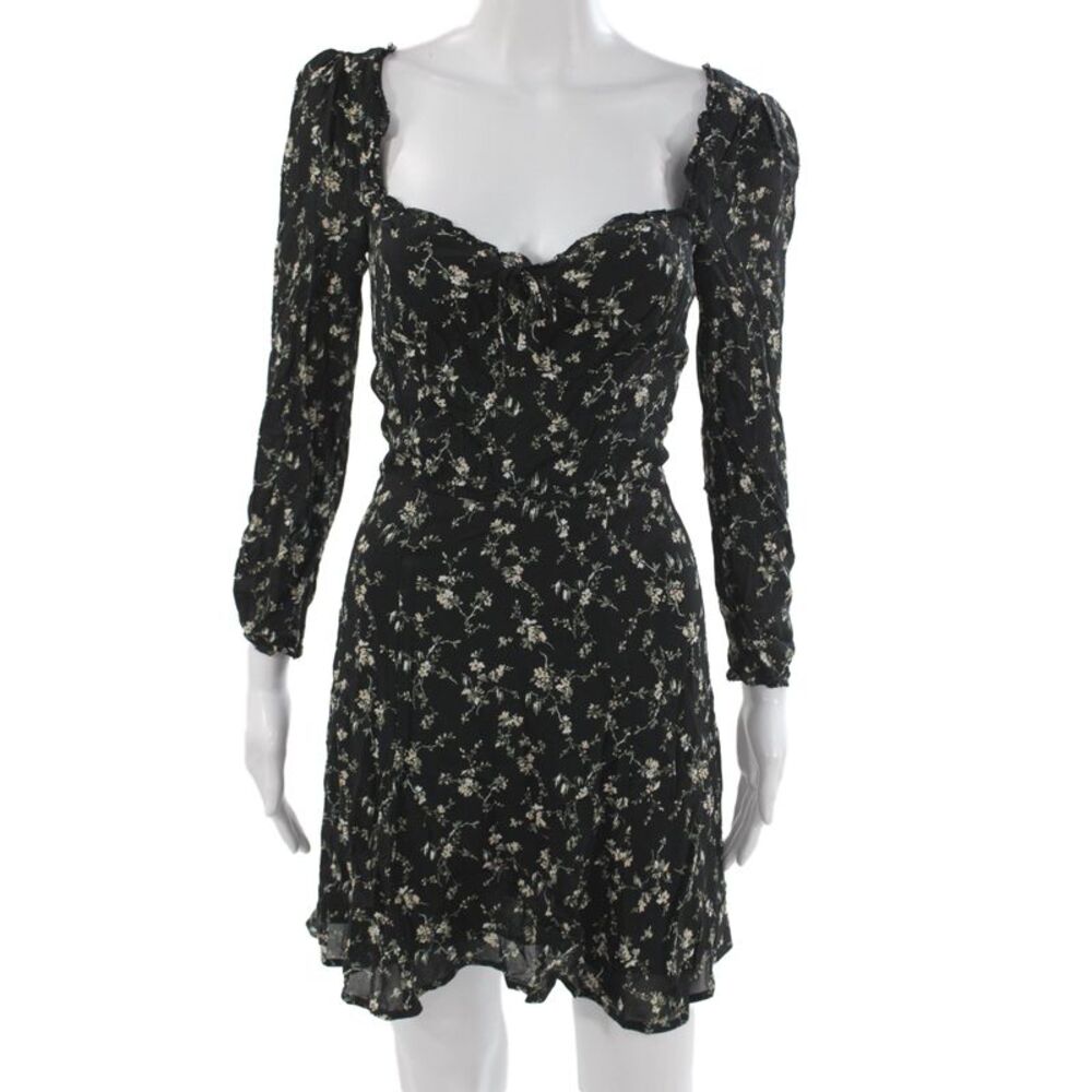 Reformation Women Black Floral Square Neck Long Sleeve Mini Dress Size 2